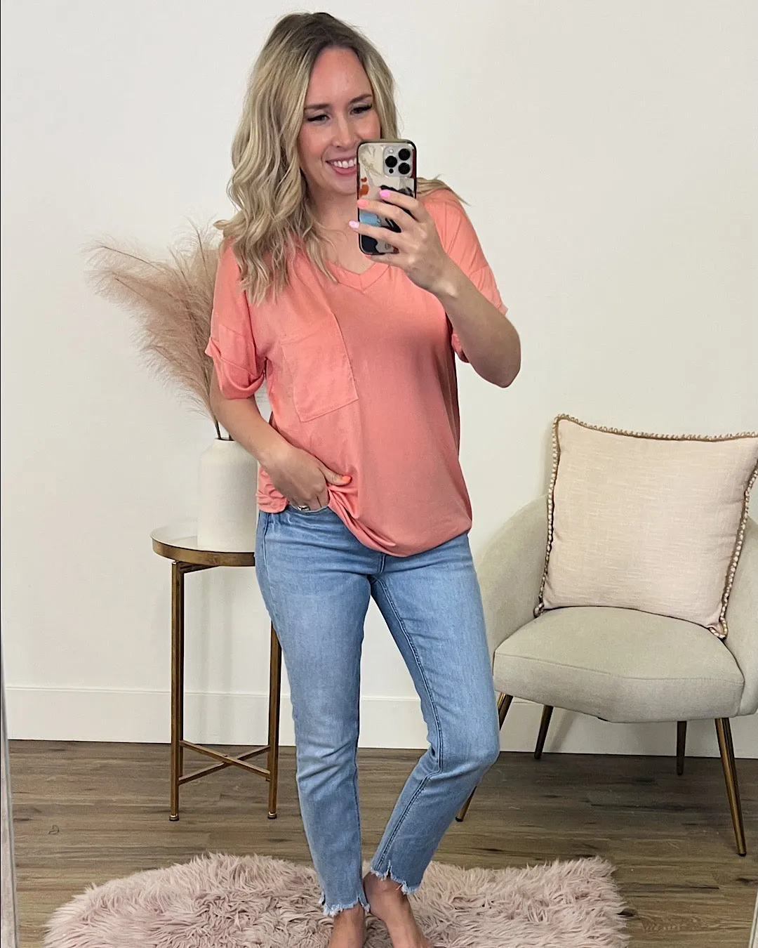 Bexley Salmon Boyfriend V Neck Top