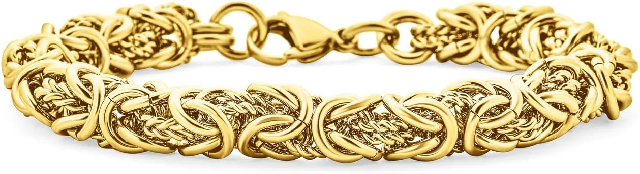 Biker Jewelry Two tone Byzantine Chain Mechanic Double Link Mens Bracelet Men Black Silver Or Gold-Tone Stainless Steel Heavy Flexible 8.5, 9 Inch