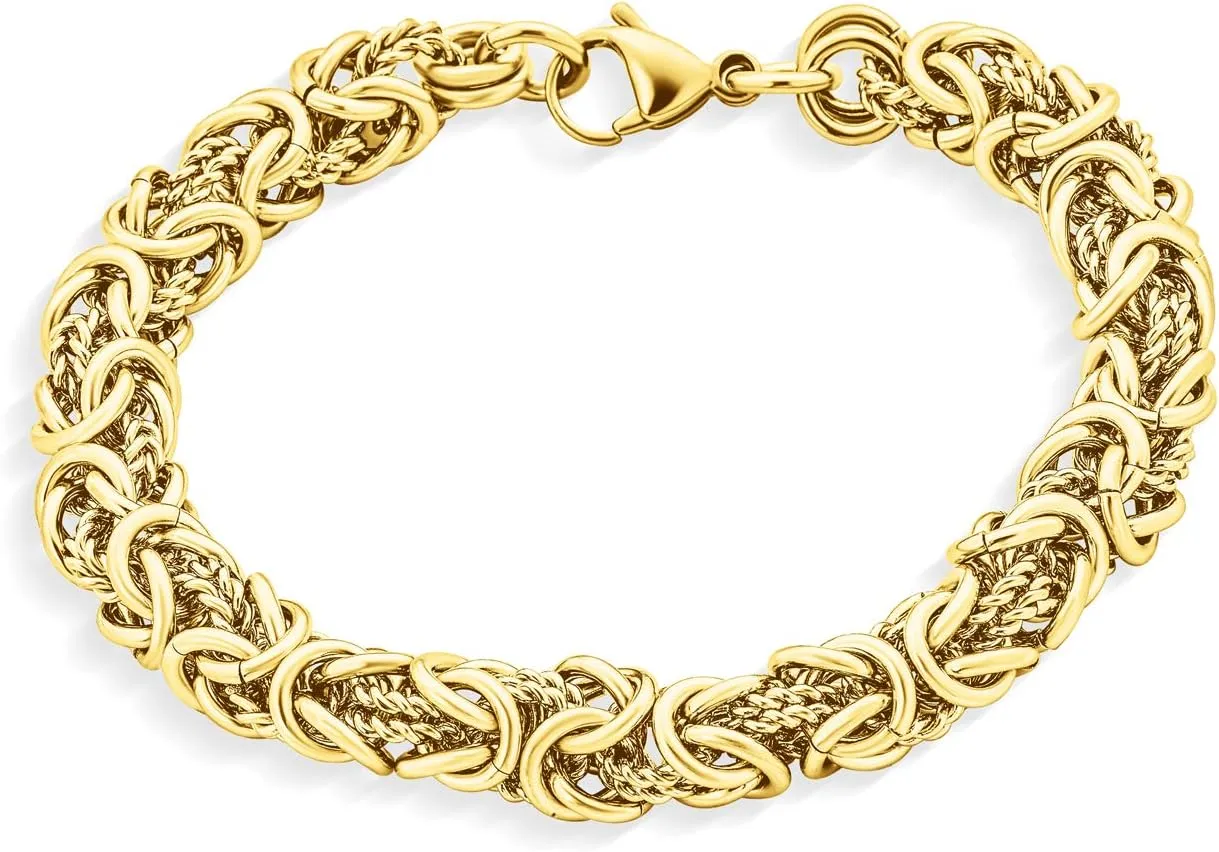 Biker Jewelry Two tone Byzantine Chain Mechanic Double Link Mens Bracelet Men Black Silver Or Gold-Tone Stainless Steel Heavy Flexible 8.5, 9 Inch