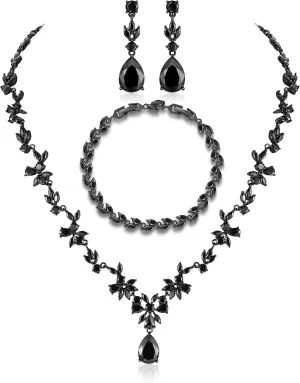 Black Costume Jewelry Set for Women, Necklace Dangle Earrings Bracelet Set with Black Cubic Zirconia Rhinestone Crystal for Wedding Prom Halloween Party Jewelry