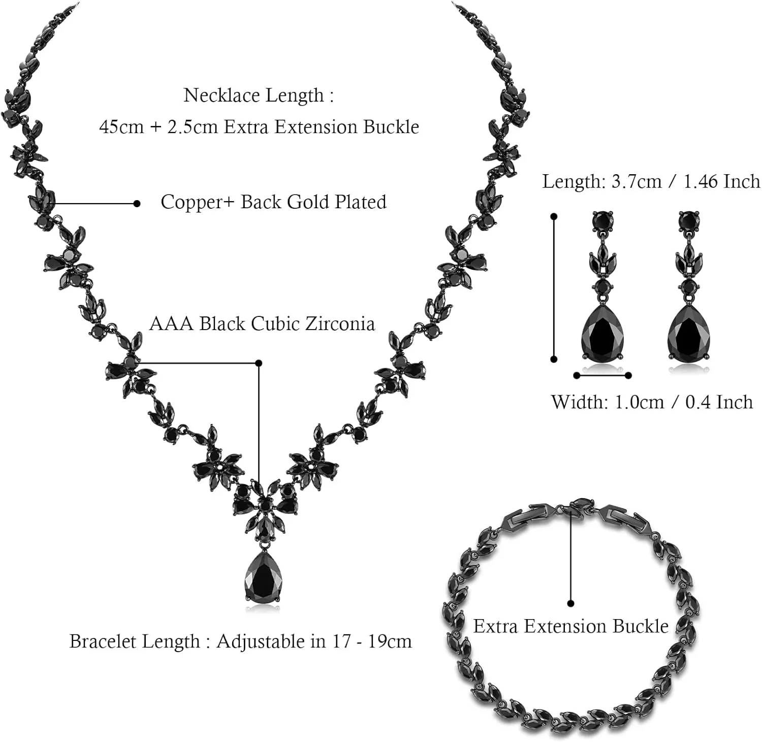 Black Costume Jewelry Set for Women, Necklace Dangle Earrings Bracelet Set with Black Cubic Zirconia Rhinestone Crystal for Wedding Prom Halloween Party Jewelry