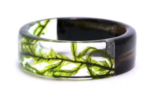 Black Wooden&Resin Ring with Natural Forest Moss. Unique Mens Ring.