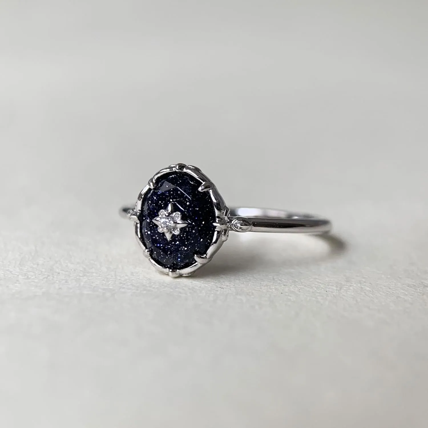 Blue Sandstone Promise Ring Silver Vintage Dainty Wedding Rings Unique Galaxy Stone Jewelry