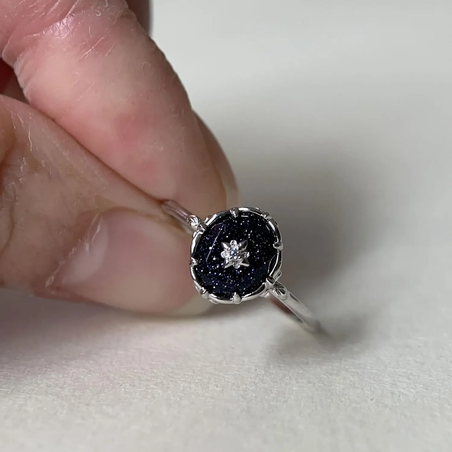 Blue Sandstone Promise Ring Silver Vintage Dainty Wedding Rings Unique Galaxy Stone Jewelry