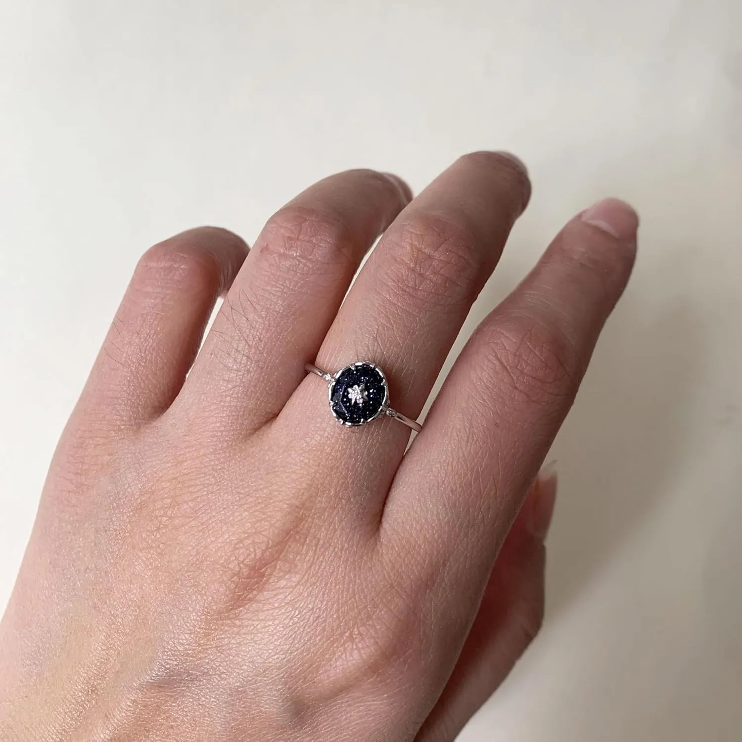 Blue Sandstone Promise Ring Silver Vintage Dainty Wedding Rings Unique Galaxy Stone Jewelry