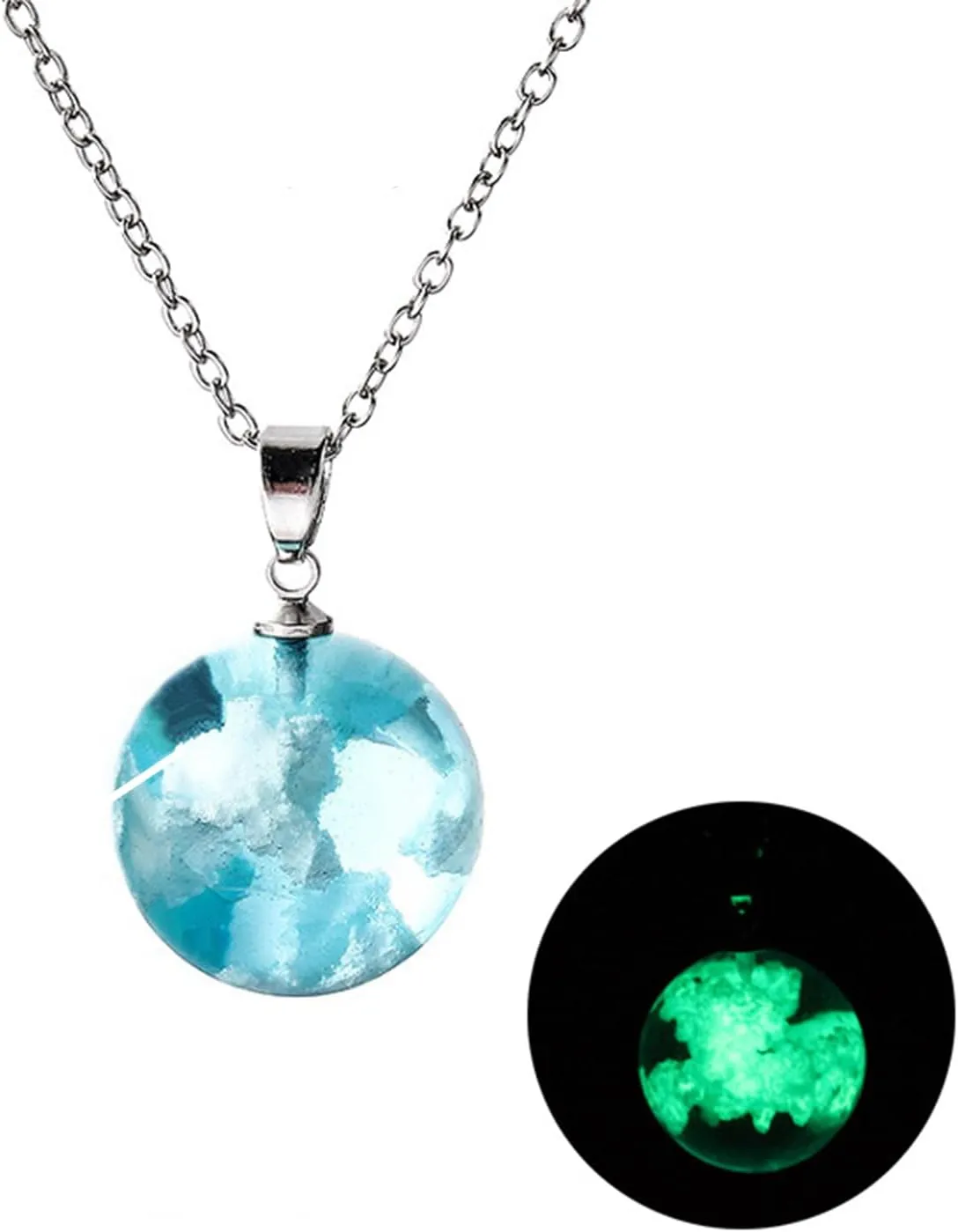 Blue Sky White Cloud Glowing Luminous Resin Transparent Ball Pendant Necklace for Women Men Funny Jewelry