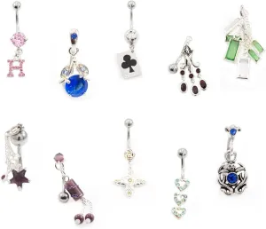 BodyJewelryOnline Belly Button Ring Pack of 10 Summer Hoopla Navel Rings with Unique Designs 14g
