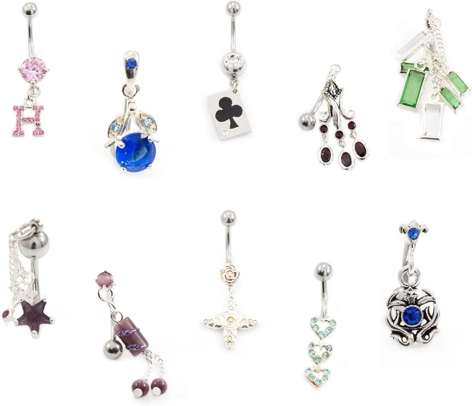 BodyJewelryOnline Belly Button Ring Pack of 10 Summer Hoopla Navel Rings with Unique Designs 14g