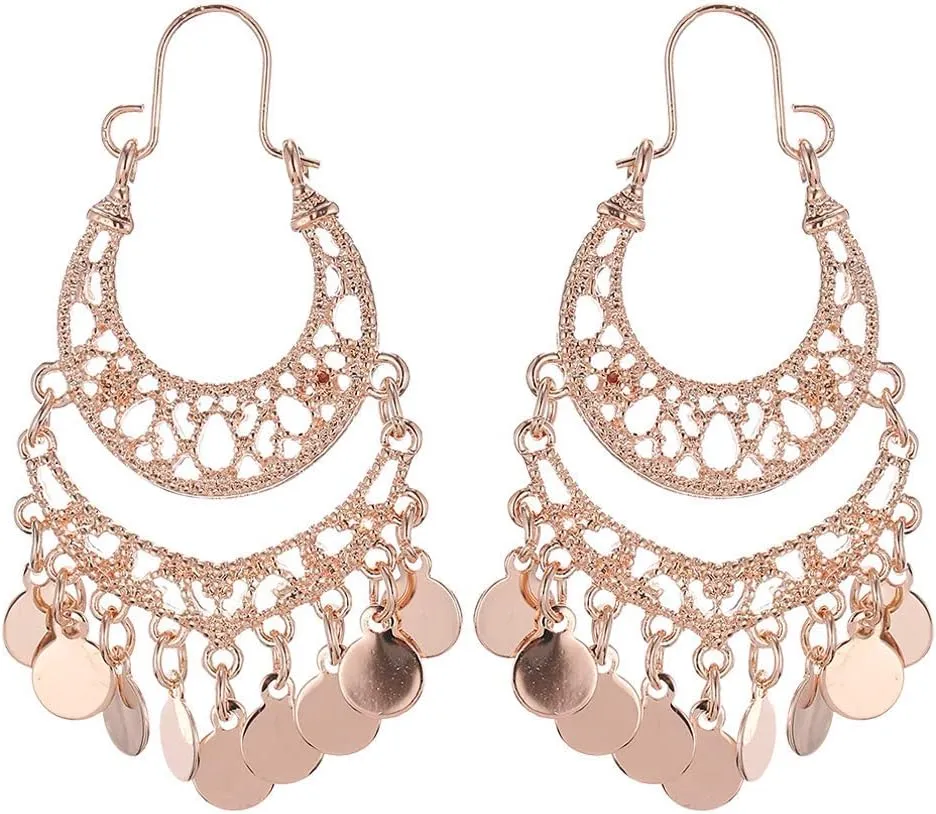 Bohemian Boho Chandelier Dangle Drop Earrings for Women  Lightweight Filigree Gypsy Coin Disc Tassel Charm Hoops  included Gift Box