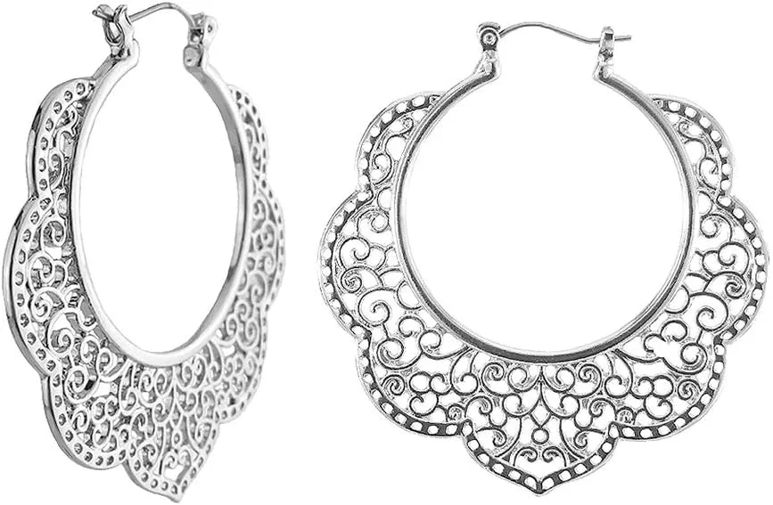 Bohemian Boho Filigree Hoop Earrings for Women  Intricate & Delicate Cutout Design Details  Tribal Floral Gypsy Lightweight Geometric Metallic Statement Earrings