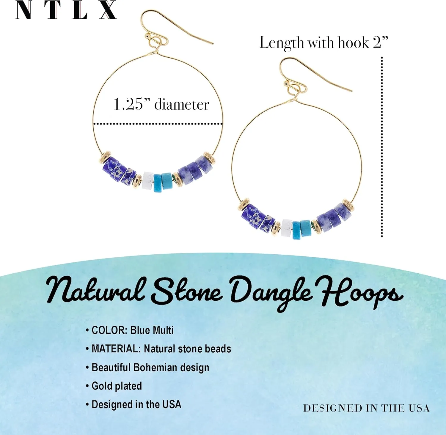Bohemian Boho Hoop Dangle Drop Earrings for Women  Delicate  Handcrafted - Wire Wrapped Natural Stones  Gold Plated  with Gift Box Included