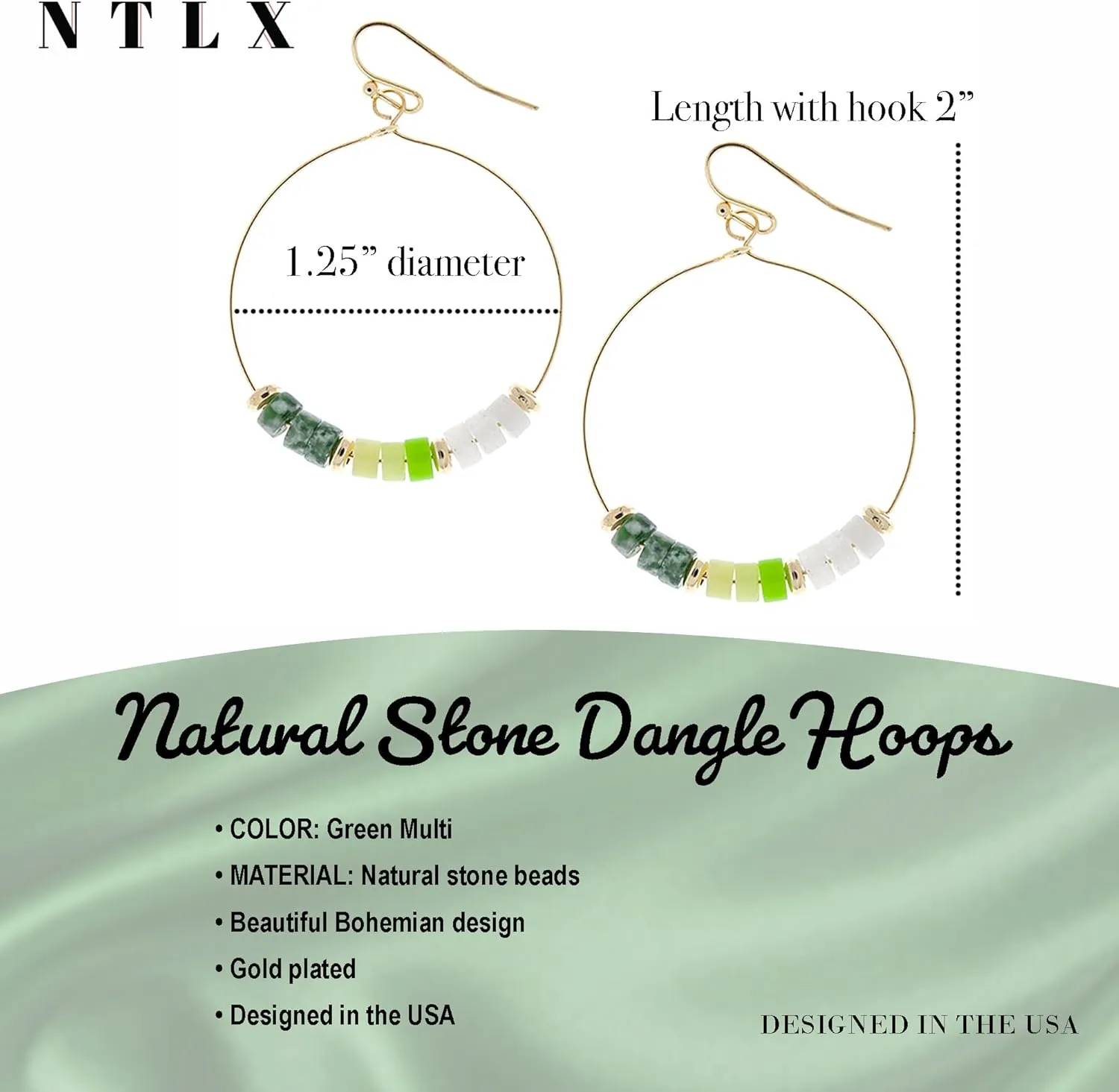 Bohemian Boho Hoop Dangle Drop Earrings for Women  Delicate  Handcrafted - Wire Wrapped Natural Stones  Gold Plated  with Gift Box Included