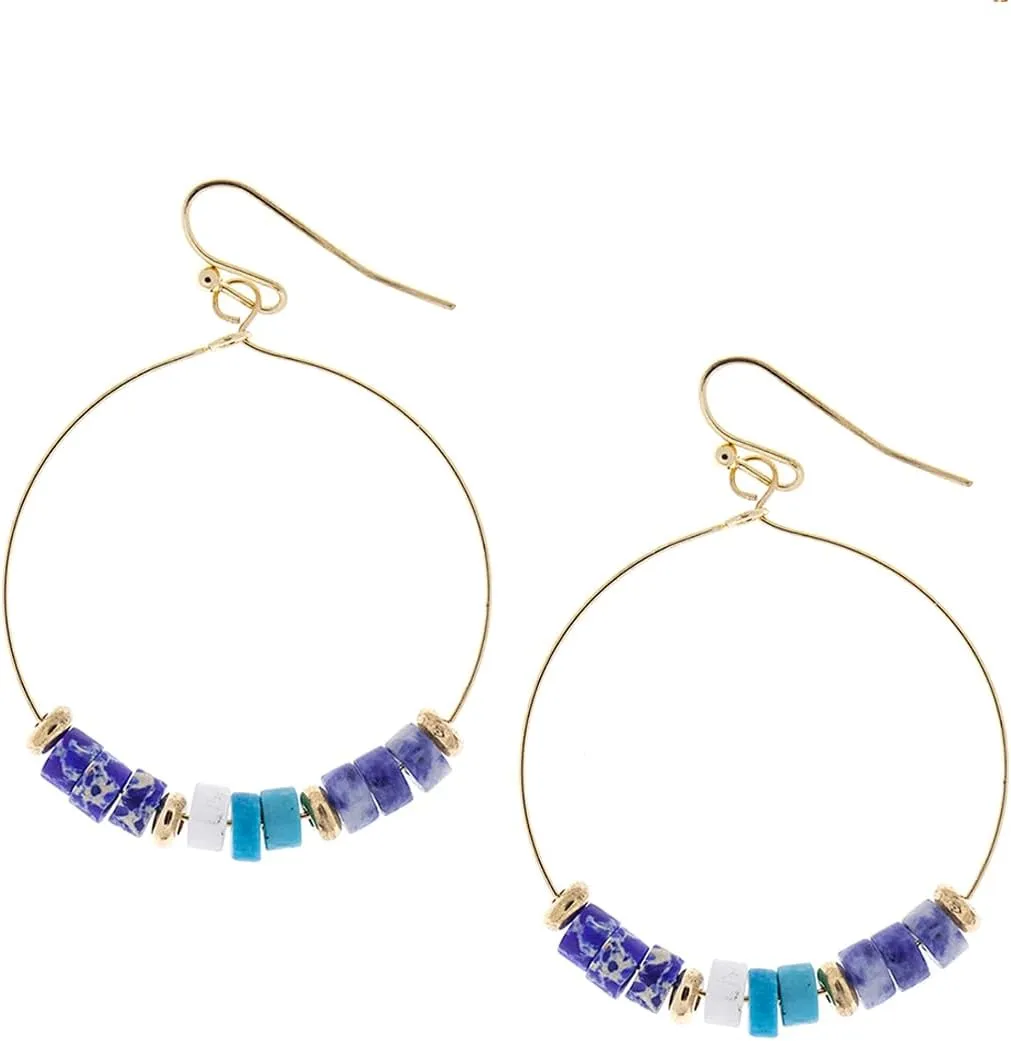 Bohemian Boho Hoop Dangle Drop Earrings for Women  Delicate  Handcrafted - Wire Wrapped Natural Stones  Gold Plated  with Gift Box Included