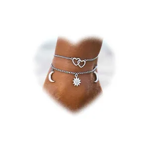 Bohemian Layered Sunmoon Anklet for Women Heart Ankle Bracelets Silver Sunmoon Dangle Anklets Sea Heart Anklets Chain Bracelet Summer Beach Foot Ankle Chain Jewelry for Girls Gifts