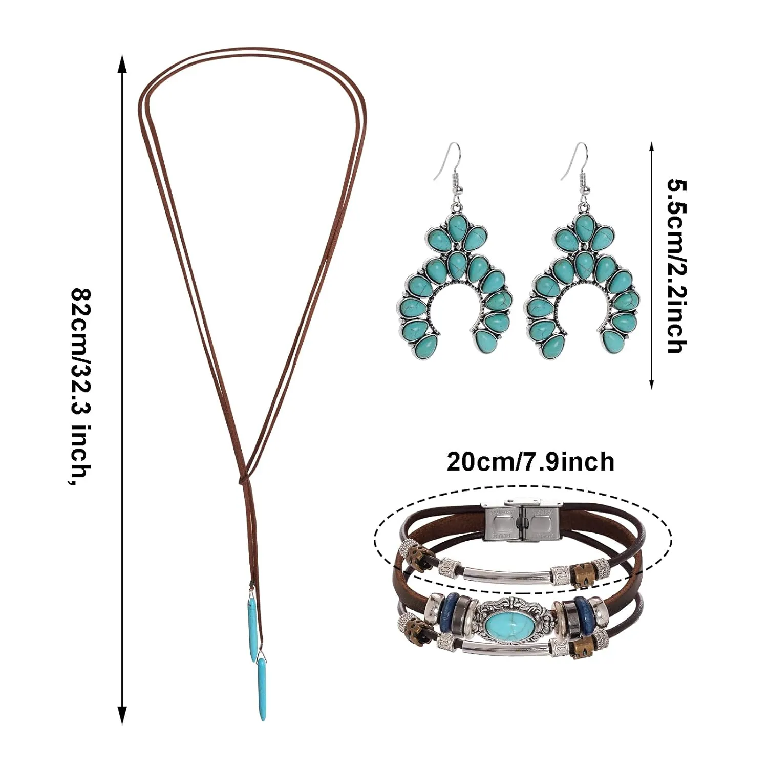 Bohemian Turquoise Jewelry Set for Women, Vintage Turquoise Necklace Earrings Bracelet for Western Boho Party (Classic)