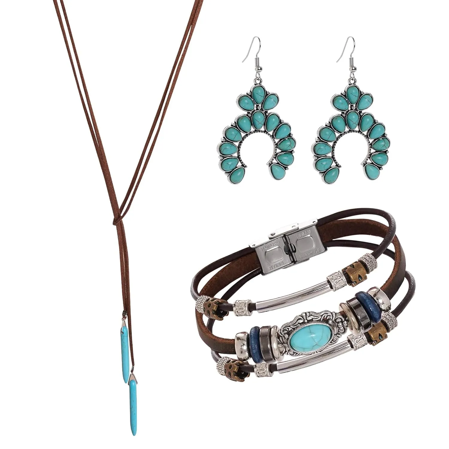 Bohemian Turquoise Jewelry Set for Women, Vintage Turquoise Necklace Earrings Bracelet for Western Boho Party (Classic)