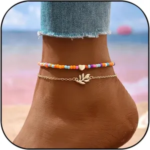 Boho Beaded Ankle Bracelet for Women Gold Layered Heart Charm Anklet Bracelet Colorful Handmade Beaded Anklets Charm Beach Anklet Summer Jewelry
