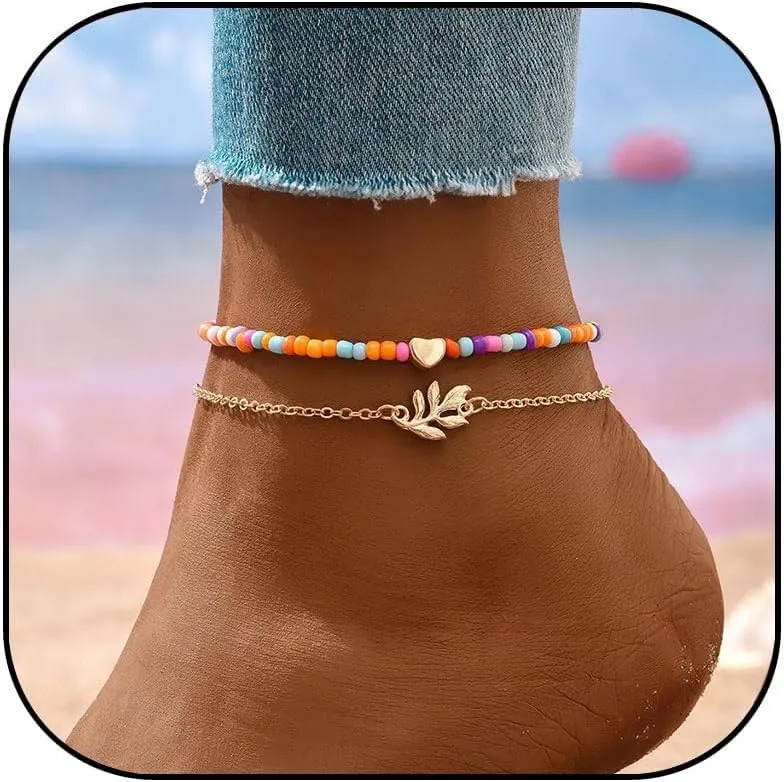 Boho Beaded Ankle Bracelet for Women Gold Layered Heart Charm Anklet Bracelet Colorful Handmade Beaded Anklets Charm Beach Anklet Summer Jewelry