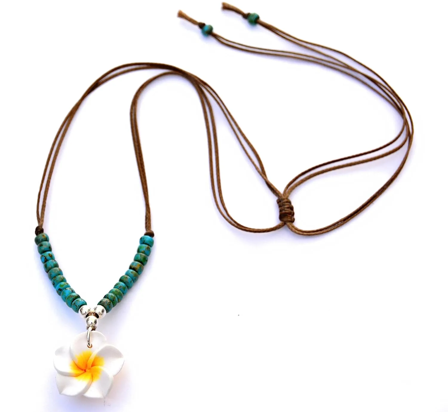 Boho Beaded Choker Necklace for Women and Teen Girls, Hawaii Hawaiian Plumeria Flower Turquoise and Sterling Silver Beads, Adjustable Beach Summer String Necklace, Handmade Hippie Jewelry by Tribes