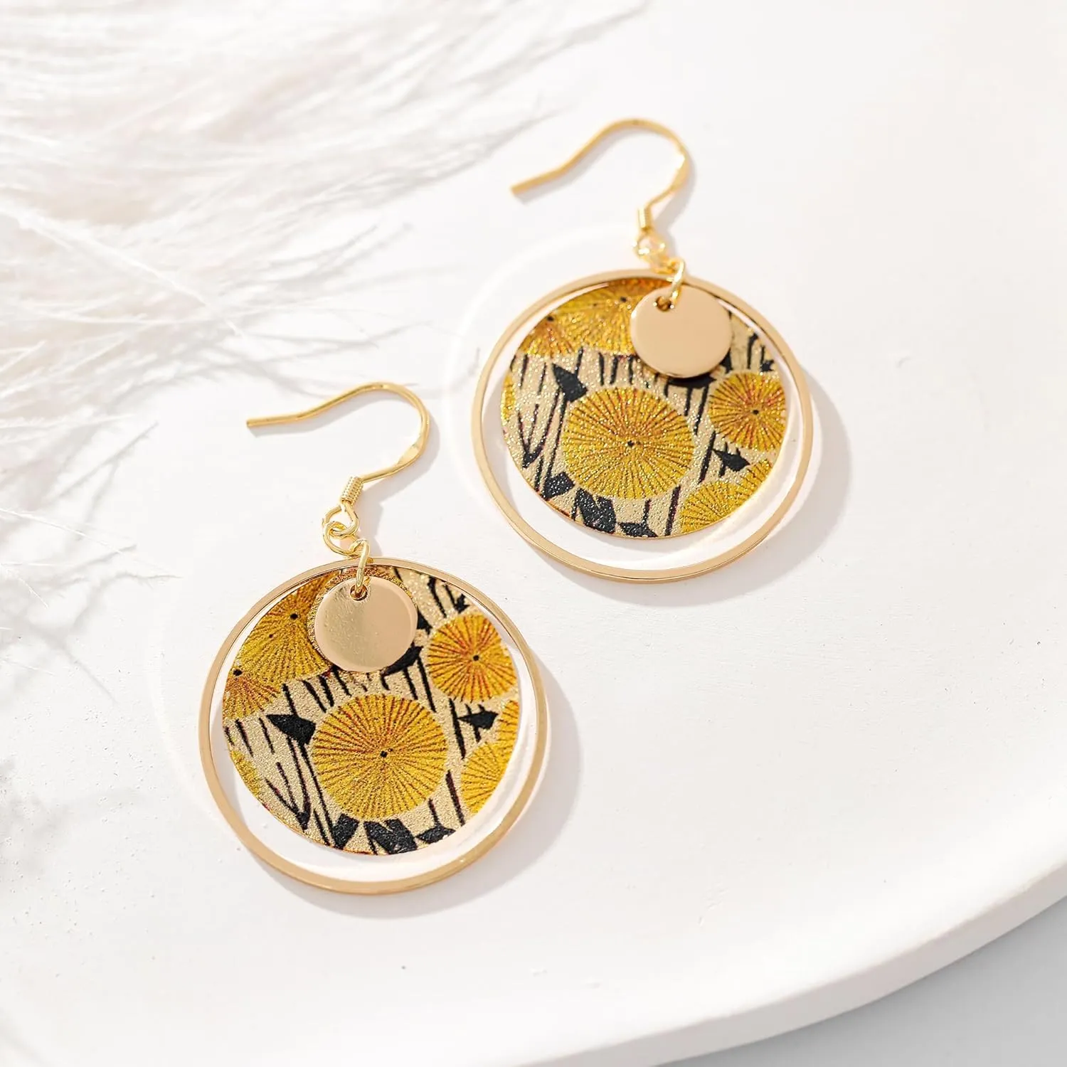 Boho Earrings, Gold Hoop Flower Earrings, Dangle Round Disc Earrings for Women, Handmade Bohemian Trendy Boho Floral Jewelry Gift