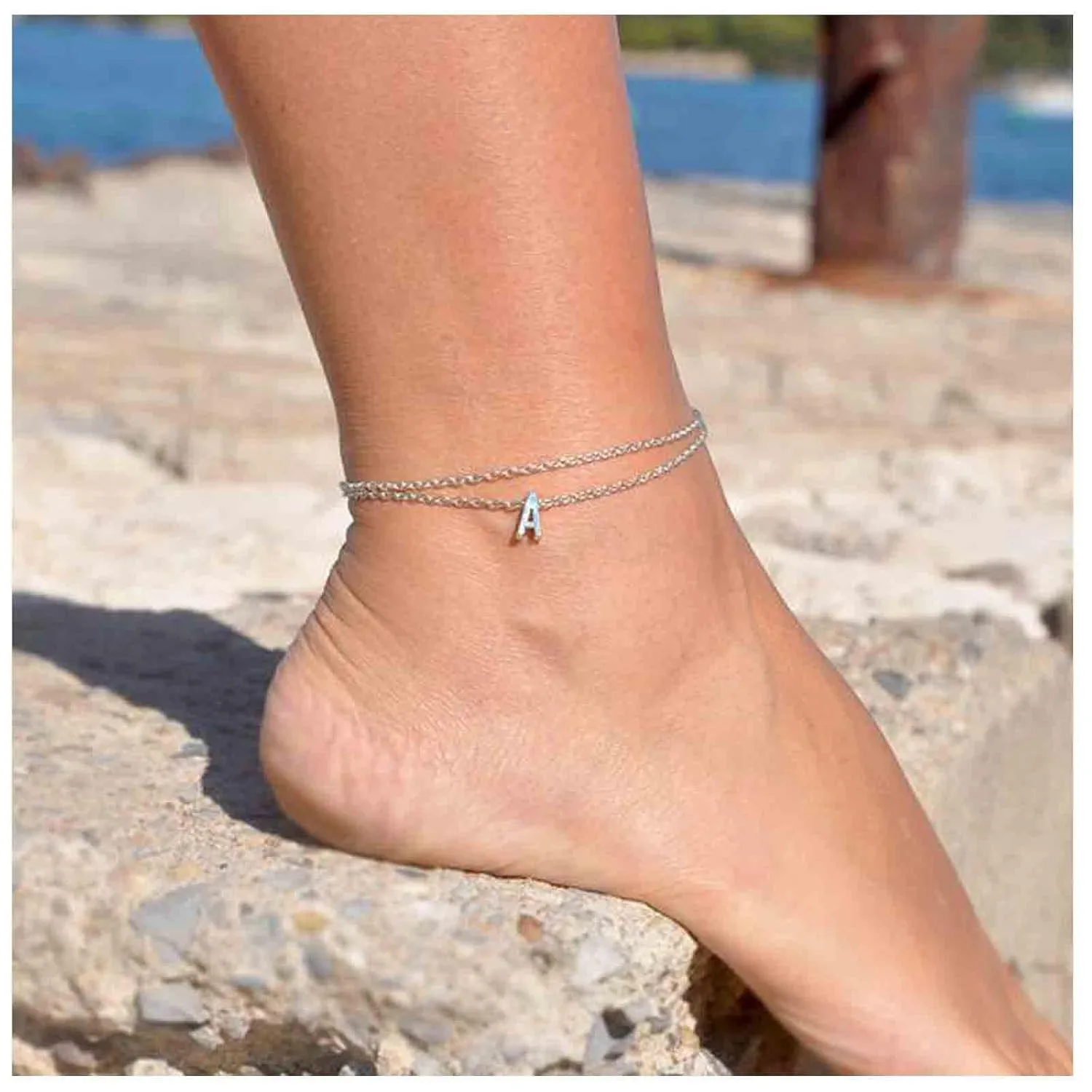 Boho Layered Ankle Bracelet Silver Letter Anklet Bracelet Initial A Anklets Personlized Foot Chain Jewelry for Women (Silver)