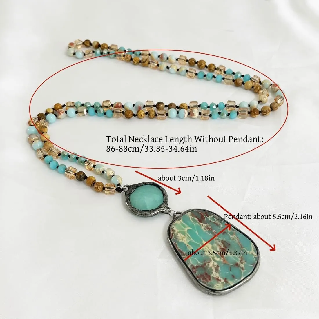 Boho Long Natural Stone Beads Pendant Necklace Crystal Hand Knotted Jewelry for Women