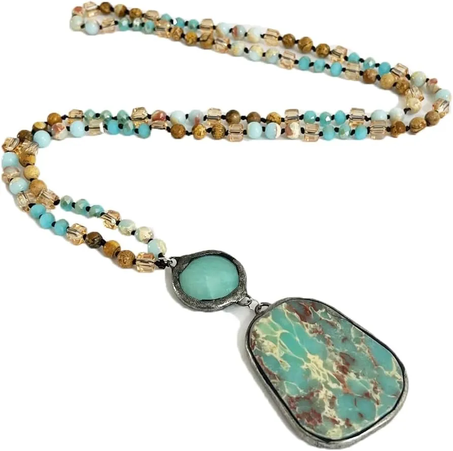 Boho Long Natural Stone Beads Pendant Necklace Crystal Hand Knotted Jewelry for Women
