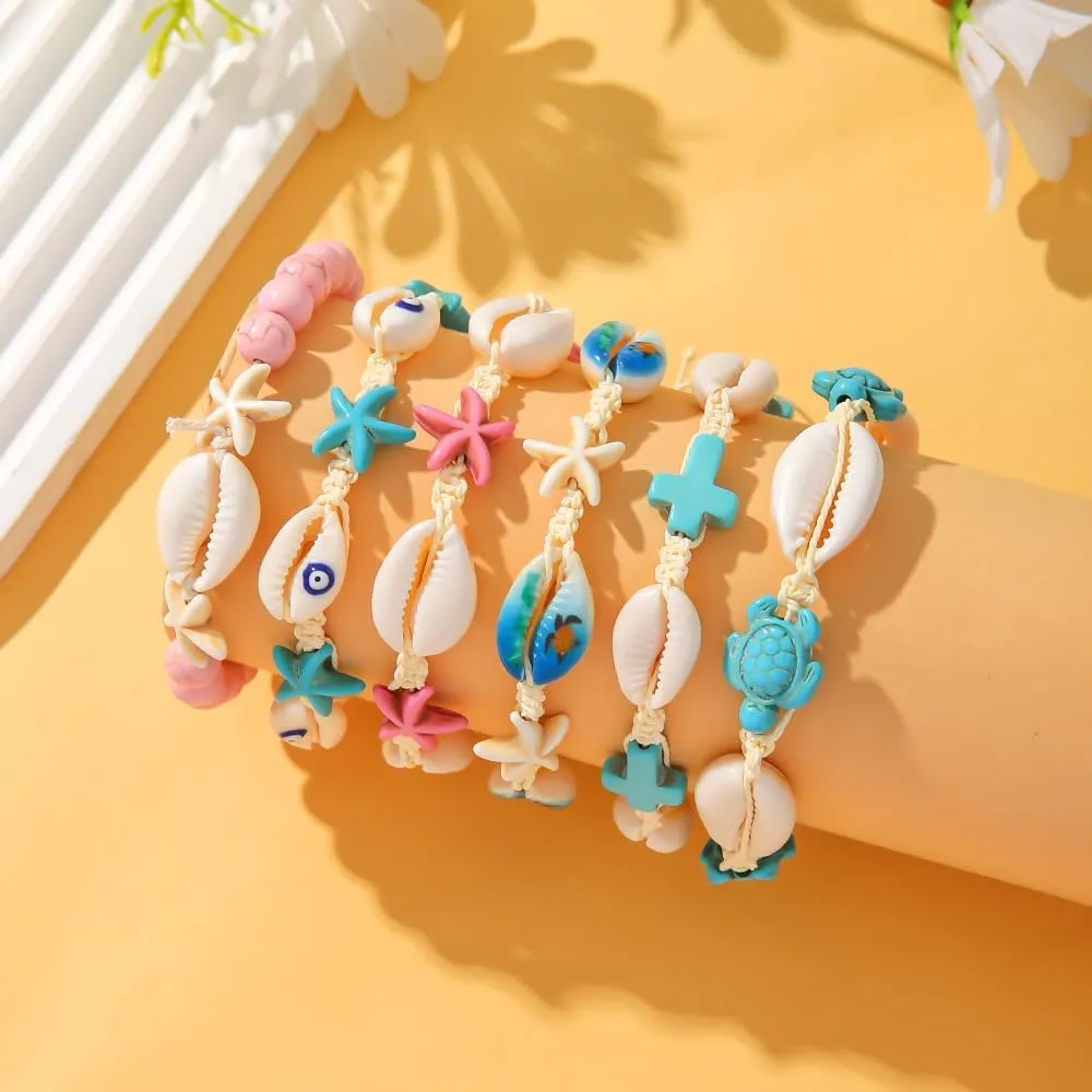 Boho Natural Shell Charm Bracelet Handmade Seashell Turtle Starfish Cross Adjustable Woven Bracelets Anklets for Women Summer Beach Hawaiian Vacation Jewelry