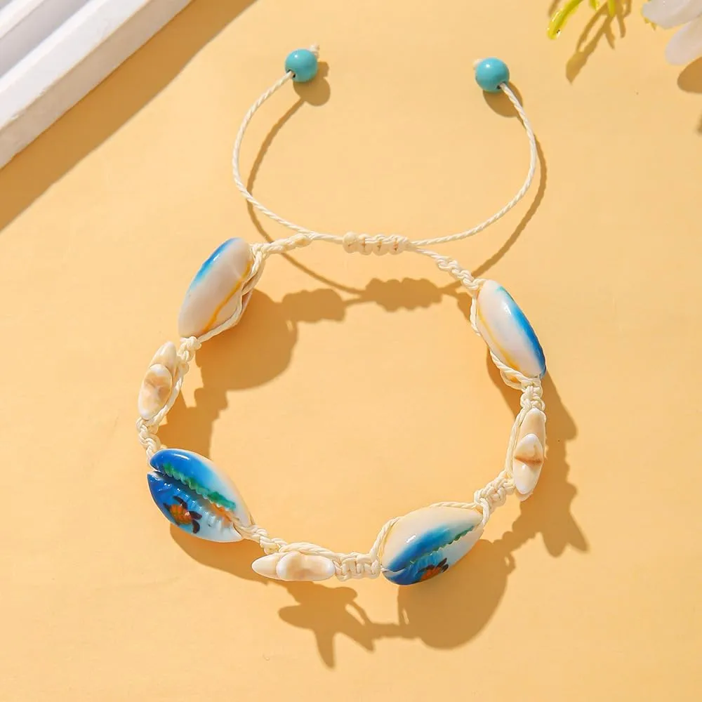 Boho Natural Shell Charm Bracelet Handmade Seashell Turtle Starfish Cross Adjustable Woven Bracelets Anklets for Women Summer Beach Hawaiian Vacation Jewelry