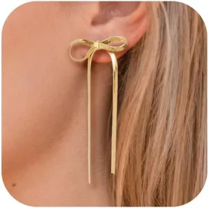 Bow Earrings for Women, 18K Gold Plated Bow Stud Earrings Bow Dangle Drop Earrings Ribbon Earrings Trendy Prom Earrings Gold Earrings for Women Gold Jewelry Gifts for Her Women