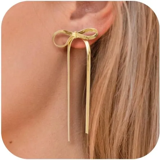 Bow Earrings for Women, 18K Gold Plated Bow Stud Earrings Bow Dangle Drop Earrings Ribbon Earrings Trendy Prom Earrings Gold Earrings for Women Gold Jewelry Gifts for Her Women