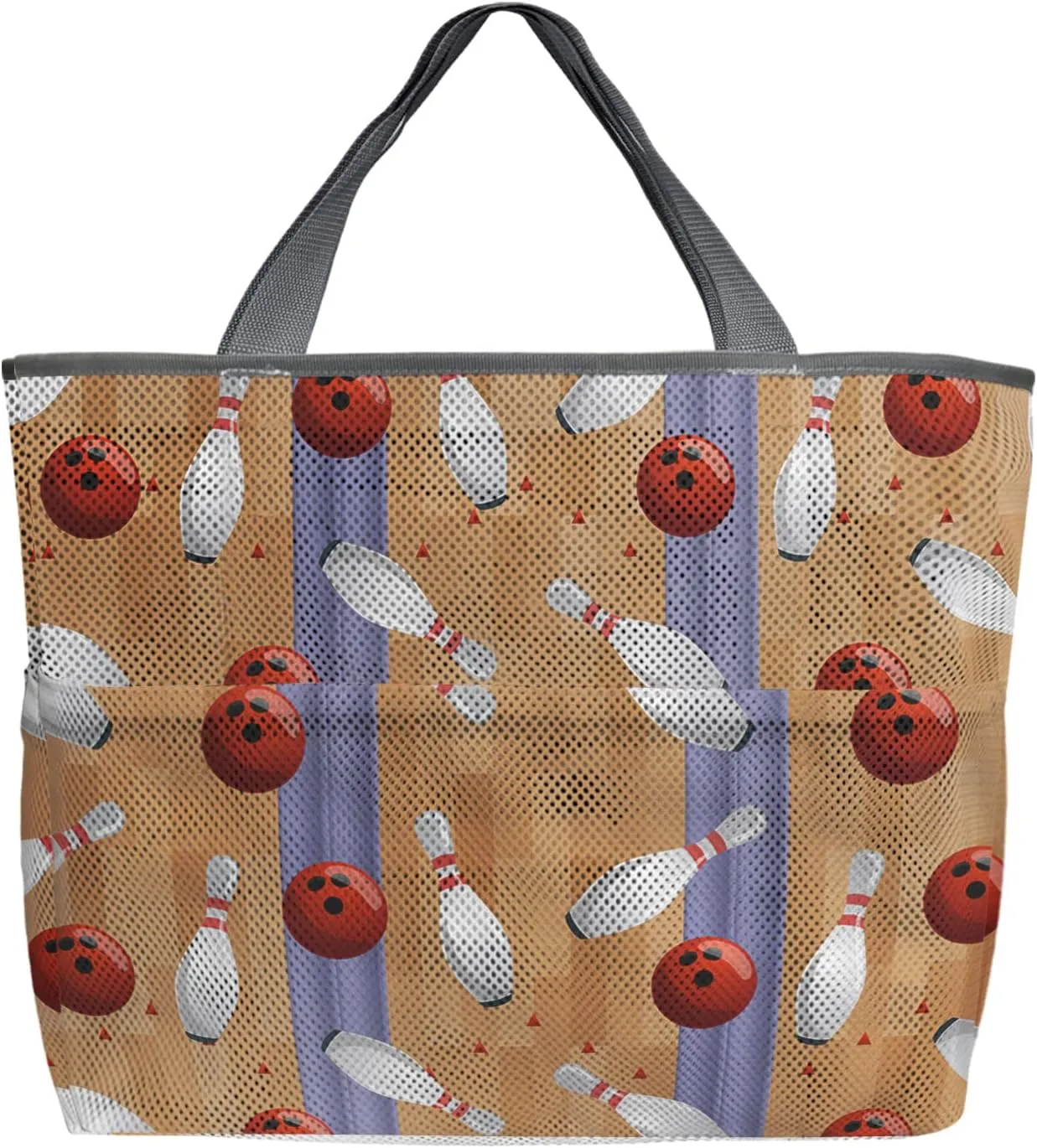 Bowling Sport Beach Tote Bag for Women, Purpel Brown Striped Red Ball Geometric Mesh Beach Bags Waterproof Sandproof, Outdoor Picnic Swim Pool Handbag - Large Beach Bag with Zipper and Pockets