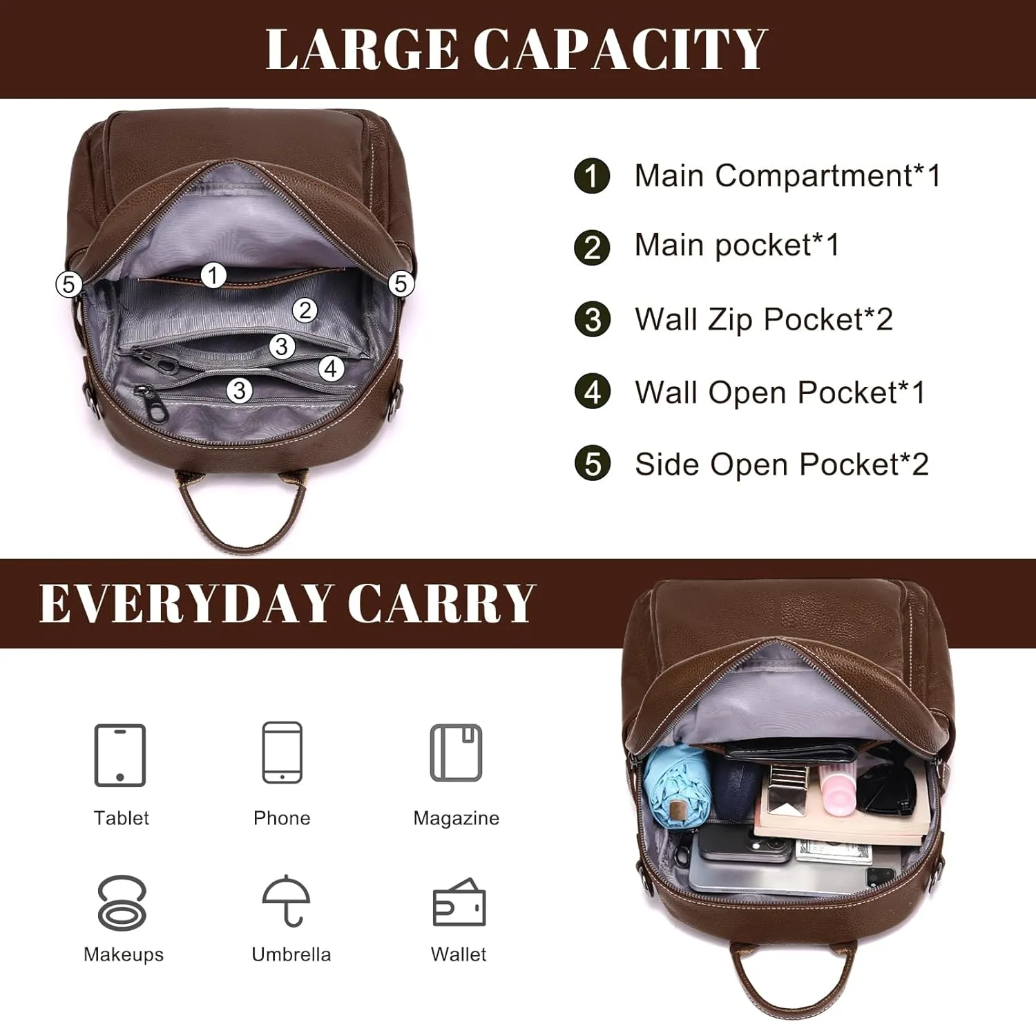 BOYATU Genuine Leather Backpack Purse for Women: Anti Theft Convertible Soft Backpacks - Elegant Womens Travel Backpack (05 Ebony Brown)