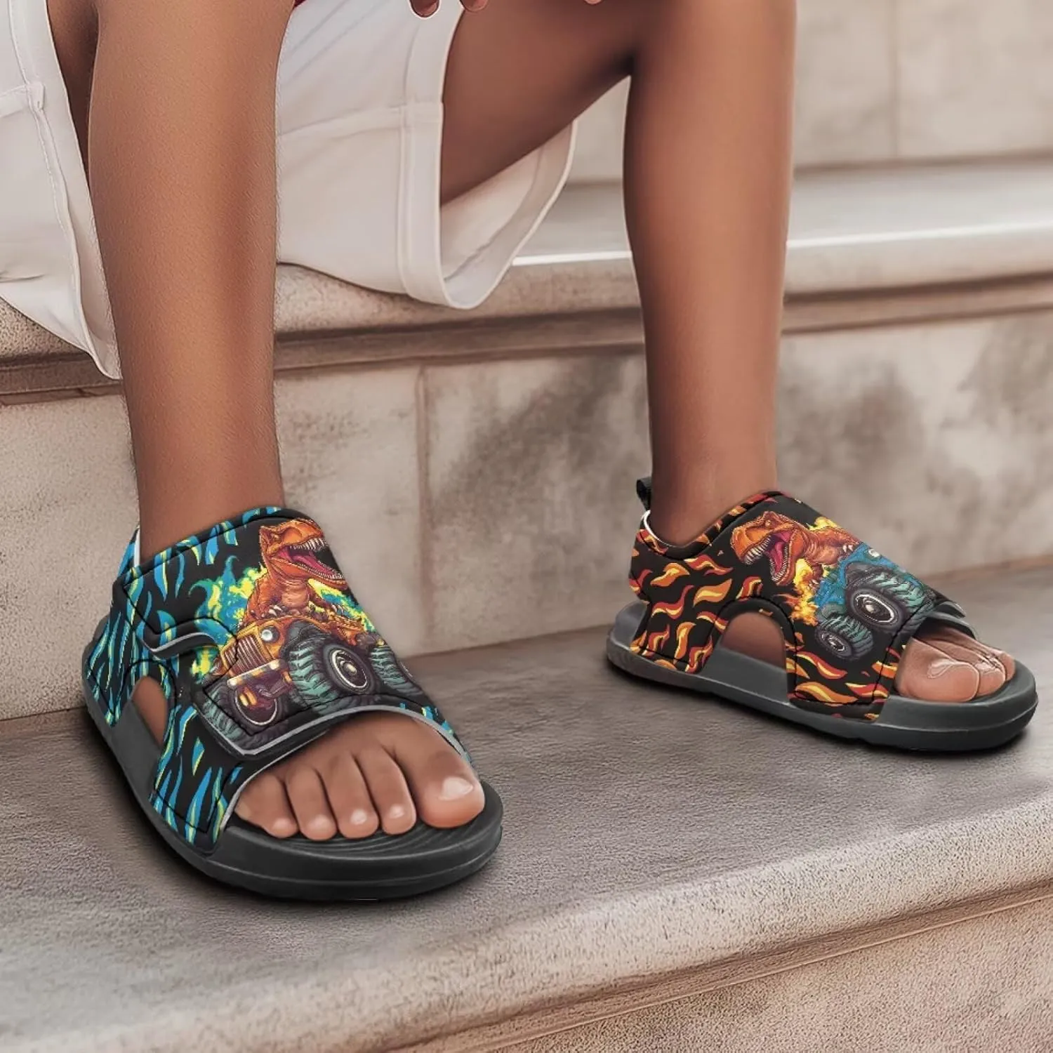 Boys Dinosaur Sandals Kids Open Toe Summer Outdoor Athletic Sandals Adjustable Beach Water Shoes for Toddler Boys