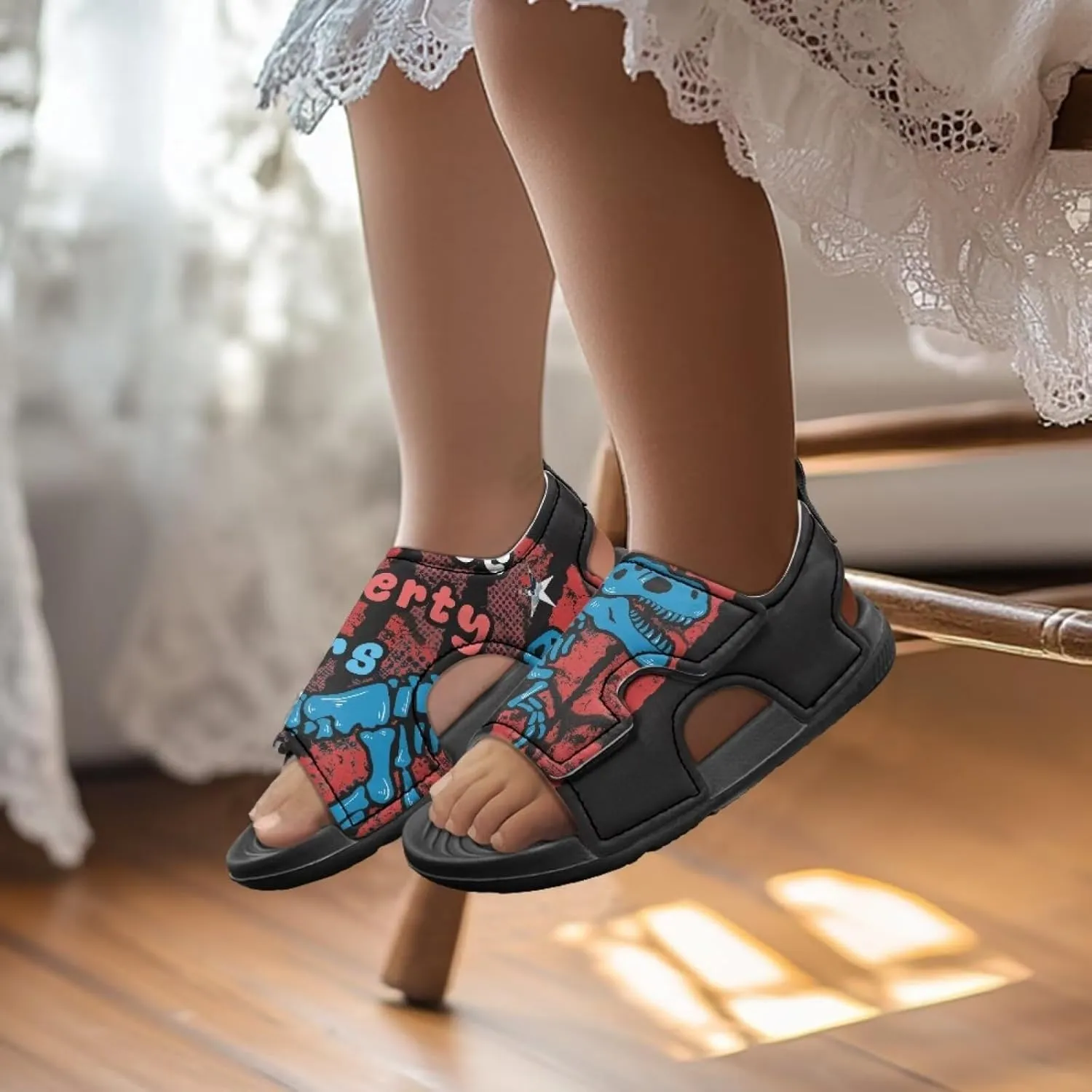 Boys Dinosaur Sandals Kids Open Toe Summer Outdoor Athletic Sandals Adjustable Beach Water Shoes for Toddler Boys