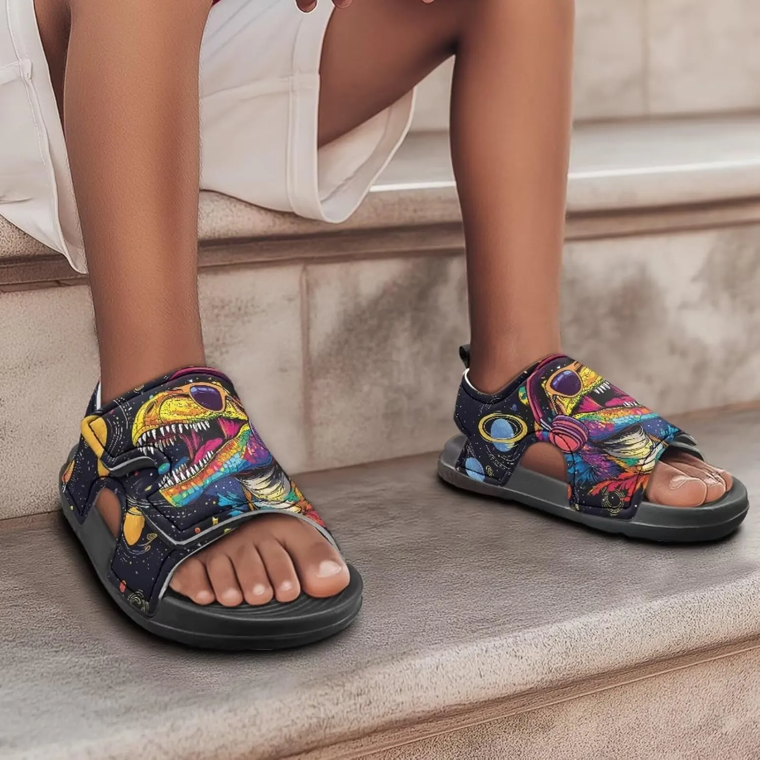 Boys Dinosaur Sandals Kids Open Toe Summer Outdoor Athletic Sandals Adjustable Beach Water Shoes for Toddler Boys