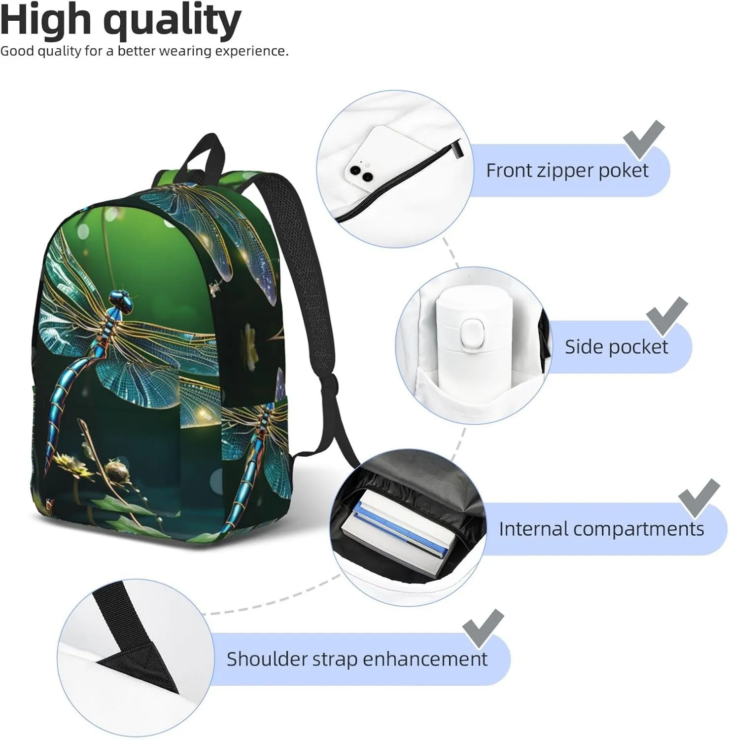 Canvas Backpack Dragonfly Green Travel Laptop Backpack Casual Daypack Carry On Rucksack for Men Women Medium