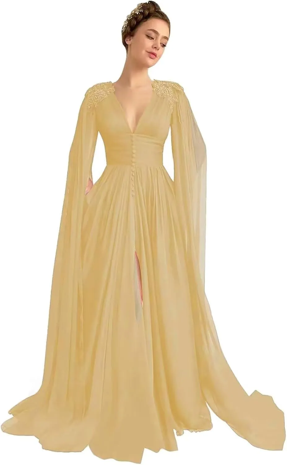 Cape Sleeve Prom Dresses for Women Slit Beaded Laces Applique V Neck Chiffon Evening Dresses with Pockets