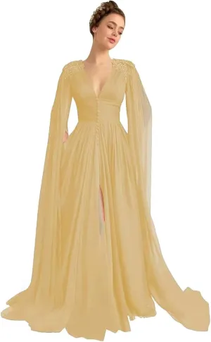 Cape Sleeve Prom Dresses for Women Slit Beaded Laces Applique V Neck Chiffon Evening Dresses with Pockets