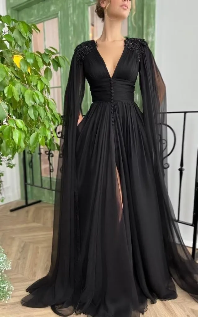 Cape Sleeve Prom Dresses for Women Slit Beaded Laces Applique V Neck Chiffon Evening Dresses with Pockets