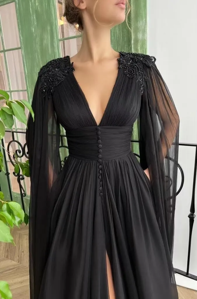 Cape Sleeve Prom Dresses for Women Slit Beaded Laces Applique V Neck Chiffon Evening Dresses with Pockets