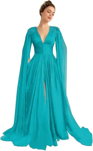 Cape Sleeve Prom Dresses for Women Slit Beaded Laces Applique V Neck Chiffon Evening Dresses with Pockets