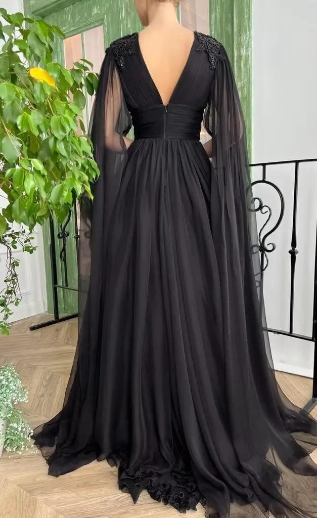 Cape Sleeve Prom Dresses for Women Slit Beaded Laces Applique V Neck Chiffon Evening Dresses with Pockets