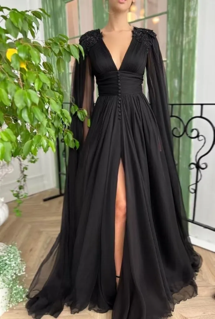 Cape Sleeve Prom Dresses for Women Slit Beaded Laces Applique V Neck Chiffon Evening Dresses with Pockets
