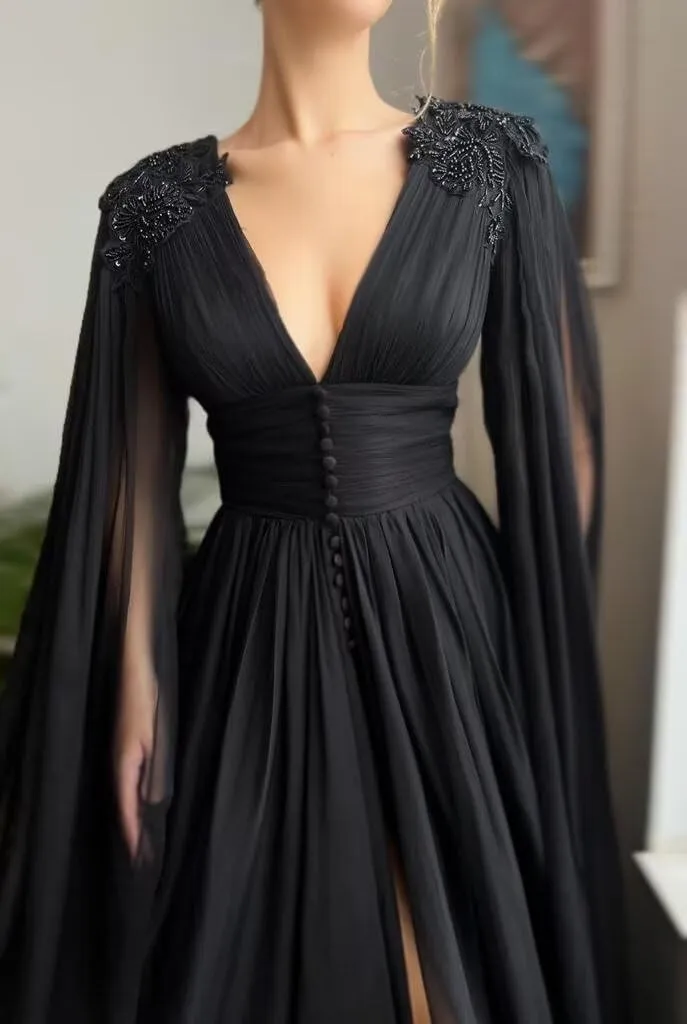 Cape Sleeve Prom Dresses for Women Slit Beaded Laces Applique V Neck Chiffon Evening Dresses with Pockets