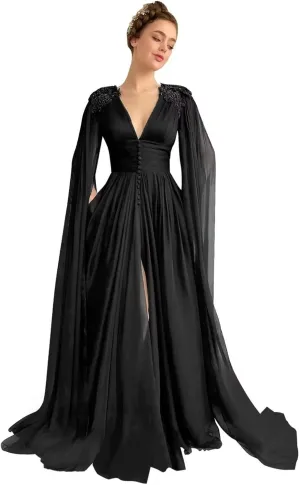 Cape Sleeve Prom Dresses for Women Slit Beaded Laces Applique V Neck Chiffon Evening Dresses with Pockets