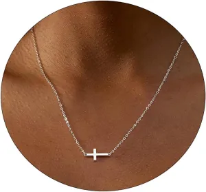 CAROVO Dainty Cross Pendant Necklaces for Women 14K Gold Plated Cute Faith Cross Necklace Sideways Cross Necklace Minimal Everyday Jewelry Gift