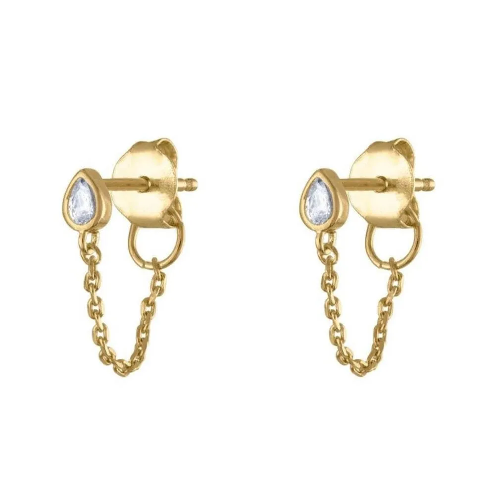 Cascading Elegance: 925 Sterling Silver Water Drop Zircon Tassel Chain Gold-Plated Stud Earrings