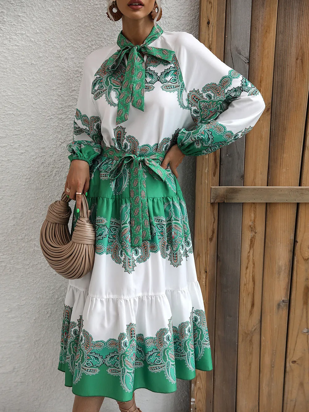 Casual Lace-Up Midi Dress Puff Long Sleeve High Waist Wholesale Dresses