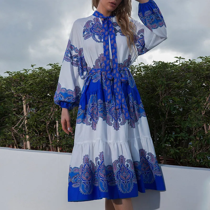 Casual Lace-Up Midi Dress Puff Long Sleeve High Waist Wholesale Dresses